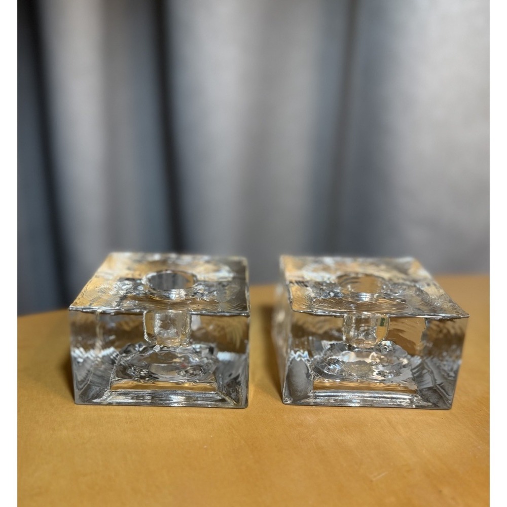 Pair Of Aseda Sweden glass candle holder, by Bo Borgström, Ice Block design  2"T